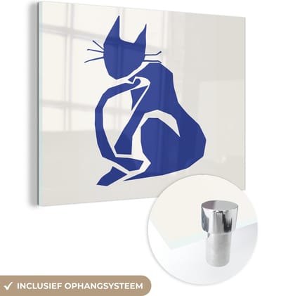 MuchoWow® Glasschilderij 160x120 cm - Schilderij acrylglas - Kat - Huisdieren - Blauw - Matisse - Foto op glas - Schilderijen