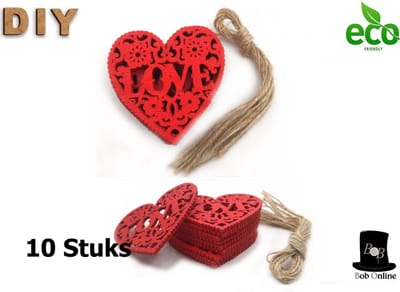 Bob Online ™ - 10 Stuks – Rood - Houten Harten Vormen Love met Ribbelrand + Jute Koord – Houten Harten – Decoraties voor Trouwerijen, Feestjes, Jubileums, versieringen – Houten Hart Decoraties – Wooden Hearts Love – Kunst en Hobby Harten Vormen