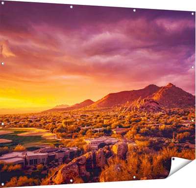 Gards Tuinposter Woestijn Landschap met Zonsondergang - 150x120 cm - Tuindoek - Tuindecoratie - Wanddecoratie buiten - Tuinschilderij