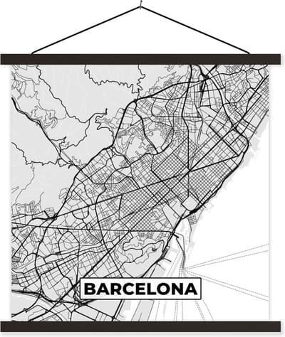 Posterhanger incl. Poster 60x60 cm - Schoolplaat - Barcelona - Stadskaart - Plattegrond - Zwart Wit - Kaart - Textielposter - Zwarte latten - Stadskaart