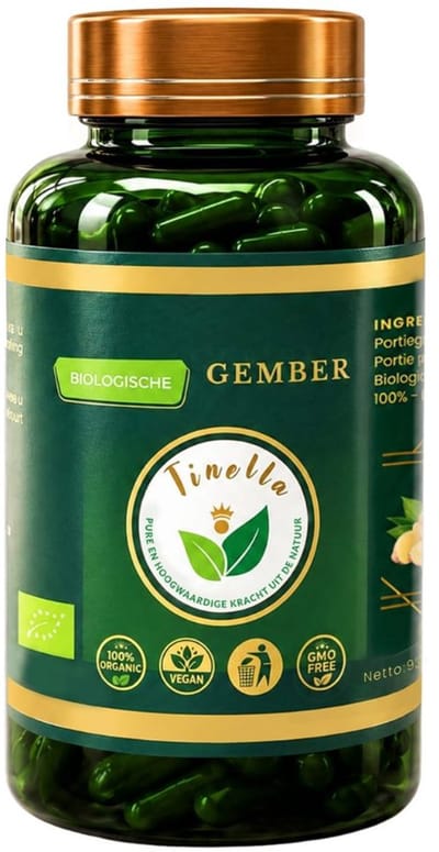 Tinella Biologische Gember Capsules - 500mg - 120 Stuks (60 Porties) - 2 tot 4 Maanden Voorraad - Natuurlijk Ginger Organic - Ondersteunt de Spijsvertering - 120 Capsules