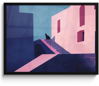 Poster in lijst - Fotolijst 80x60 cm - Posters - Kat - Trap - Gebouwen - Schaduwcontrasten - Posterlijst zwart - Decoratie - Wanddecoratie woonkamer - Muurdecoratie slaapkamer