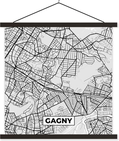 Posterhanger incl. Poster 60x60 cm - Schoolplaat - Kaart - Stadskaart - Frankrijk - Gagny - Plattegrond - Textielposter - Zwarte latten - Stadskaart
