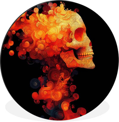 WallCircle - Wandcirkel - Muurcirkel - Schedel - Oranje - Zijaanzicht - Vlammen - Aluminium - Dibond - 30x30 cm - Binnen en Buiten