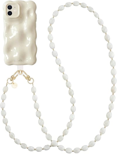 xoxo Wildhearts Bubbly case Cloud Dancer - Ocean Sand Cord (lang) - Geschikt voor iPhone 12 - Hoesje met bobbeltjes inclusief telefoonkoord - Krullende golfvorm - schokbestendig - Telefoonhoesje met koord - Koord ook afneembaar - Beige