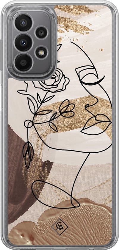 Casimoda® hoesje - Geschikt voor Samsung Galaxy A23 - Abstract Gezicht Bruin - 2-in-1 case - Schokbestendig - Geometrisch patroon - Verhoogde randen - Bruin/beige, Transparant