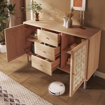 Bijzetkast 120x40x75 cm - eikenkleur - met 2 deuren - 3 lades - verstelbare planken - kantelbestendig ontwerp - opbergkast