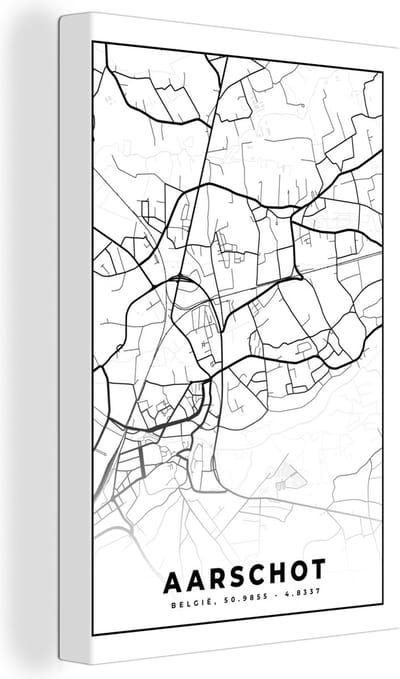 Canvas Schilderij Stadskaart – Zwart Wit - Kaart – Aarschot – België – Plattegrond - 20x30 cm - Wanddecoratie