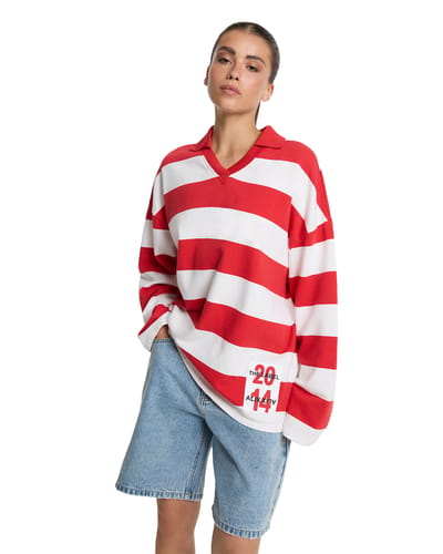 Alix The Label Ladies Knitted Block Stripe Polo Sweater - Sweater - Trui - Dames - Rood - Maat S