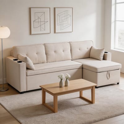Komhtom - Slaapbank met slaapfunctie - L-vormige bank in modern design - loungestoel met opbergruimte en bekerhouders - links en rechts omkeerbaar - geschikt voor de woonkamer