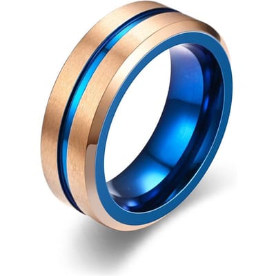 Bagues en Acier Inoxydable Couleur Or Rose 8 mm Mode pour Hommes Rainure Bleue Bord Biseauté Bague de Promesse Finition Très Brillante Alliance Bijoux 7