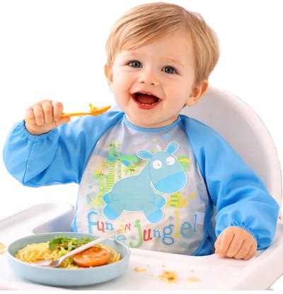 Baby Slabbetje met Mouwen – Blauw Fun Junge – 6-60 Maanden – Waterproof & Afwasbaar – Ideaal voor Eten, Knutselen & Spelen