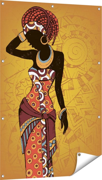 Gards Tuinposter Getekende Afrikaanse Vrouw - Abstract - 80x120 cm - Tuindoek - Tuindecoratie - Wanddecoratie buiten - Tuinschilderij
