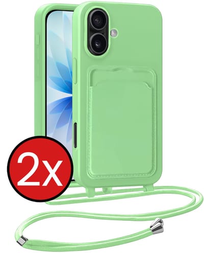 Hoesje Geschikt voor iPhone 17 Hoesje Met Telefoonkoord en Pasjeshouder Siliconen - Hoes Geschikt voor iPhone 17 Hoesje Met Kaarthouder Case - Groen - 2 PACK