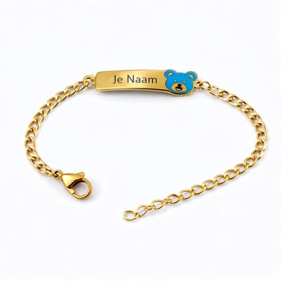 Armband met graveer, Armband met naam, Gepersonaliseerde kinderarmband met naamgravure en berenbedel - goudkleurig, Armband met naamplaatje ,graveerarmband