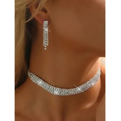 3-delige dames modieuze en trendy sieradenset, ronde strass ketting, oorbellen, banket- en trouwjurk accessoire Silver&45cm brown