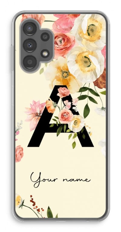 Gepersonaliseerd - Case Company® - Hoesje geschikt voor Samsung Galaxy A13 4G hoesje - Flirty Flowers Monogram - Soft Cover Telefoonhoesje - Bescherming aan alle Kanten en Schermrand