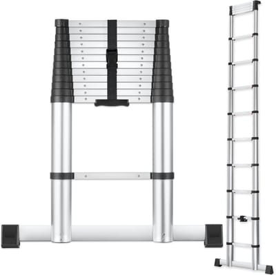 tectake® Telescoopladder met 13 Sporten - Vouwladder - 3,85 Meter - Soft Close - Anti Slip - Uitschuifbare Telescopische Ladder - Trapladder - Lichtgewicht Aluminium Trap - Betrouwbare Vergrendeling