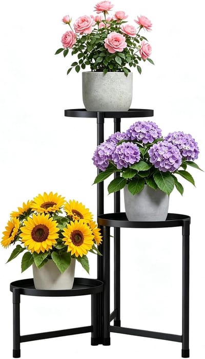 3-traps metalen plantenstandaard voor binnen en buiten, modern plantenrek voor binnen en buiten, meerdere bloempothouders met ronde bloementrap, bloemenkruk voor woonkamer, balkon, tuin