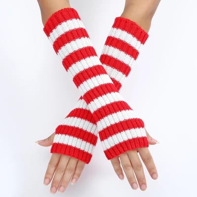 30cm Modieuze Gestreepte Vingerloze Handschoenen voor Dames Meisjes Lange Gebreide Handschoenen voor Warmte Winterhandschoen One Size red