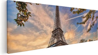 Artaza Canvas Schilderij Eiffeltoren - 120x40 cm - Groot - Wanddecoratie Parijs - Muurdecoratie Zonsondergang - Schilderijen Op Canvas Bloesem