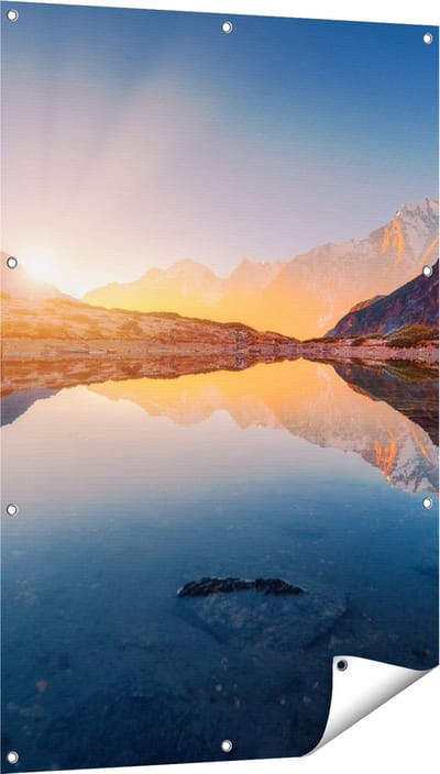 Gards Tuinposter Bergen Landschap met Zonsopgang - 80x120 cm - Tuindoek - Tuindecoratie - Wanddecoratie buiten - Tuinschilderij