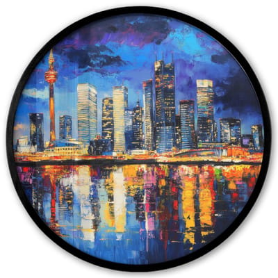 Poster in lijst Rond - Fotolijst 40x40 cm - Posters - Skyline Toronto - Modern - Stadslicht - Blauw - Ronde posterlijst zwart - Decoratie - Wanddecoratie woonkamer - Muurdecoratie slaapkamer