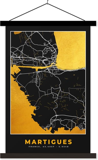 Posterhanger incl. Poster 40x60 cm - Schoolplaat - Kaart - Stadskaart - Plattegrond - Martigues - Frankrijk - Textielposter - Zwarte latten - Stadskaart