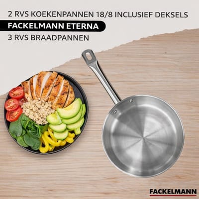 Set 2 pannen 20 28 cm roestvrij staal en 2 glazen deksels, 3 roestvrijstalen kookpotten 16, 20 en 24 cm Fackelmann Eterna