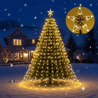 MUPOO Kerstboomverlichting ring + ster topper - IP44 2M 410 LED warm wit - 8Kerstverlichting Kerstversiering kerstboom licht - 8 modi - Timer 8u/16u - Met geheugenfunctie - Voor kerstbomen/trouwfeesten/winkelcentra