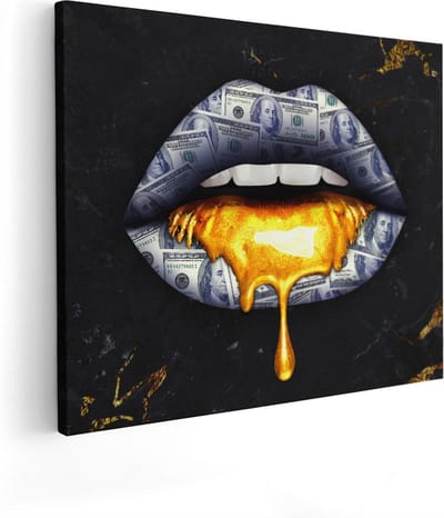 Artaza Canvas Schilderij Lippen Dollar - 100x80 cm - Groot - Wanddecoratie Pop Art - Muurdecoratie Geld - Decoratie Goud