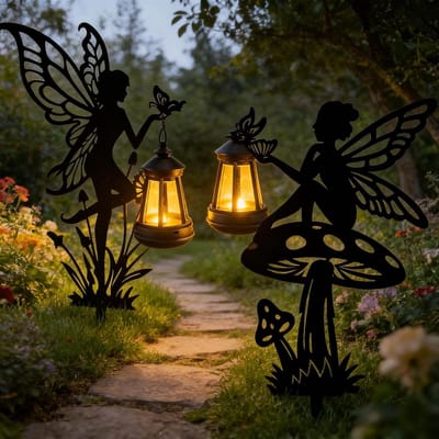 2 x Tuinfiguren met Zonne-energie en Grondpen, Weerbestendig, Sprookjesachtige Decoratie voor Buiten, IJzeren Afwerking in Zwart, Warme Witte Verlichting voor Tuin, Terras en Balkon