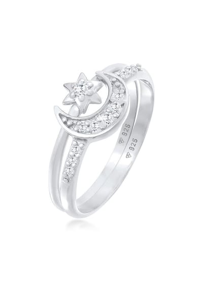 Elli - Ring - Dames Stacking Ring Set Sterren Maan Astro Trend met Zirkonia Kristallen in 925 Sterling Zilver - Dames