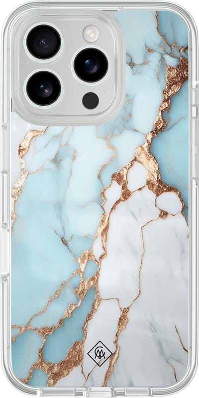 Casimoda® hoesje - Geschikt voor iPhone 16 Pro - Marmer Lichtblauw - 2-in-1 case - Schokbestendig - Marble design - Verhoogde randen - Blauw, Transparant