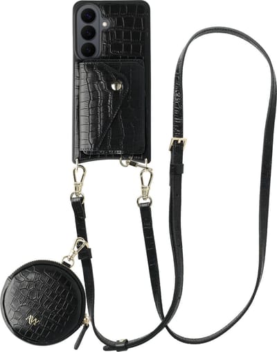 AVY Leren Hoesje geschikt voor Samsung Galaxy S26 Plus | Met Koord, Wallet en Pouch | Compatibel met MagSafe | Leather Case met 130CM Koord | Long Leather | Croco Zwart