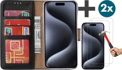 Hoesje met 2 Stuks Screenprotectors Geschikt voor iPhone 15 Pro Max – Arara bookcase met pasjeshouder - Zwart