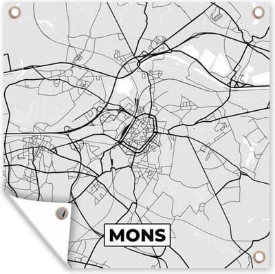 Tuin poster Zwart Wit – België – Plattegrond – Stadskaart – Kaart – Mons - 200x200 cm - Tuindoek