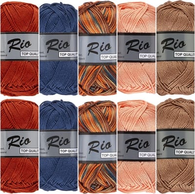 Rio haakkatoen garen pakket - bruin blauw multi en uni kleuren - 10 bollen