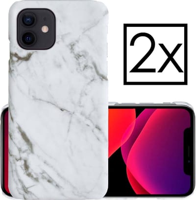 Hoes Geschikt voor iPhone 12 Mini Hoesje Marmer Back Case Hardcover Marmeren Hoes Marmer - Wit - 2 PACK