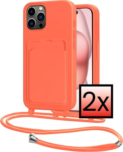 Hoes Geschikt voor iPhone 14 Pro Max Hoesje Pasjeshouder Cover Met Koord Case Siliconen Hoes Met Telefoonkoord en Kaarthouder - Papaya - 2 PACK