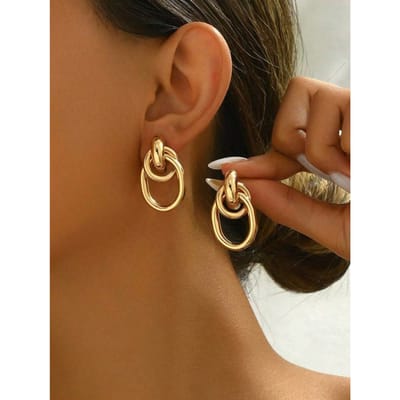 1 paire Boucles d'oreilles à clous tendance en métal doré avec design noué multi-tours pour femmes, Clous double anneau, Boucles d'oreilles pendantes statement, Boucles d'oreilles uniques or
