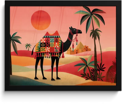 Poster in lijst - Fotolijst 40x30 cm - Posters - Kameel - Gekleurd tapijt - Duinen - Rode zon - Posterlijst zwart - Decoratie - Wanddecoratie woonkamer - Muurdecoratie slaapkamer