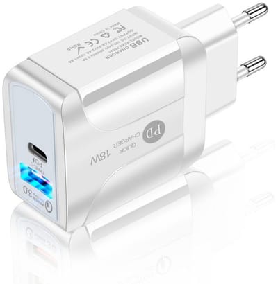 18W Reislader met LED-indicator - USB-C PD + QC 3.0 Snellader - oplader adapter - Universeel voor Smartphone en Tablet - wit