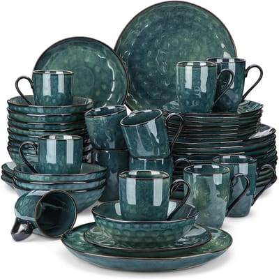 Serviesset - 12 Persoons Servies - Porselein - Diner- en Dessertborden, Kommen en Kopjes - 48-delige Set - Groen
