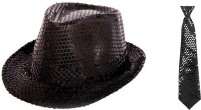 Folat - Verkleedkleding set - Glitter hoed/stropdas zwart volwassenen