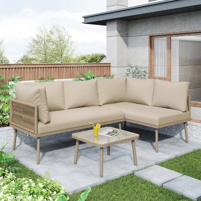 Loungeset Tuin 4-Persoons 120x60x72 cm L-Vorm Hoekbank met Tafel, IJzeren Frame & Touwdesign, Inclusief Dikke Kussens Khaki – Laura