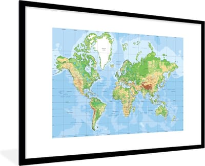 Poster in lijst - Fotolijst 120x80 cm - Posters - Wereldkaart - Atlas - Topografie - Posterlijst zwart - Decoratie - Wanddecoratie woonkamer - Muurdecoratie slaapkamer