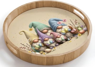 Dienblad rond 40x40 cm - Schootdienblad hout - Kabouters - Familie - Eieren - Pasen - Borrelplank rechthoek - Plateau houten dienbladen