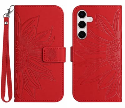 Coverup Hoesje - Geschikt voor Samsung Galaxy S25 FE Hoesje - Coverup Zonnebloem Book Case met Koord - Rood