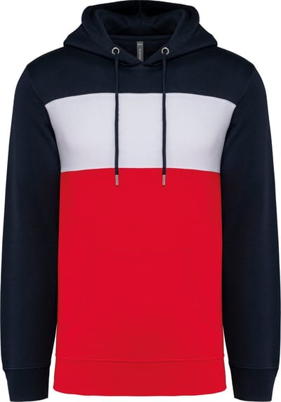 Driekleurige unisex hoodie met capuchon merk Kariban Donkerblauw/Wit/Rood - M